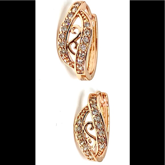 White CZ Rose Gold Tn Bypass Curve Huggie Earrings - Picture 2 of 4